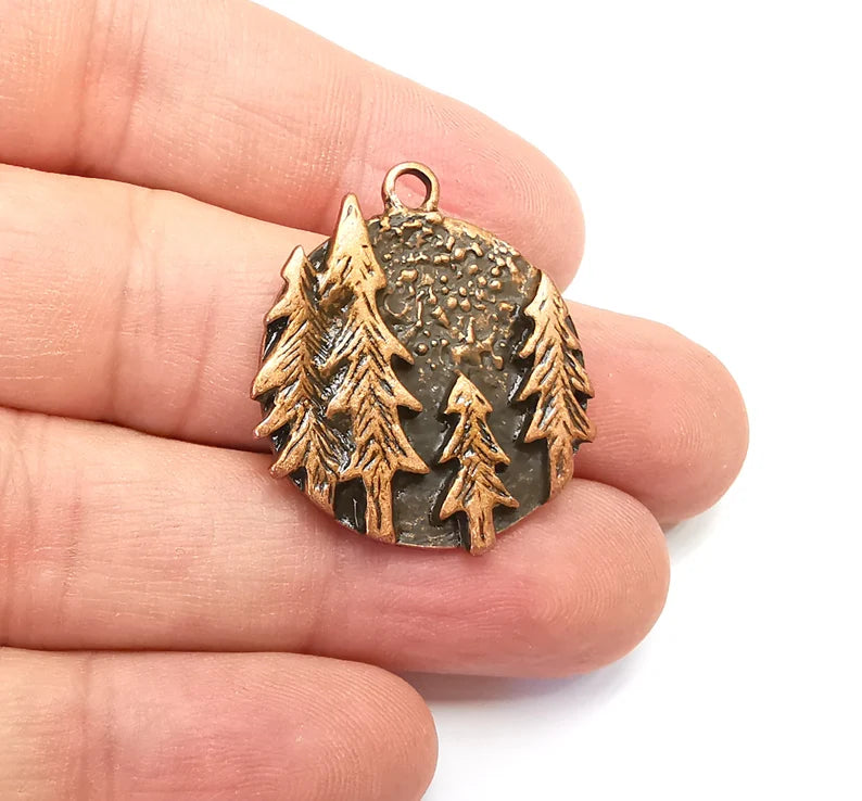 Pine Tree Round Charms Forest Landscape Pendant Antique Copper Plated Charms (31x28mm) G29100