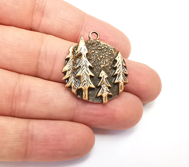 Pine Tree Round Charms Forest Landscape Pendant Antique Copper Plated Charms (31x28mm) G29100