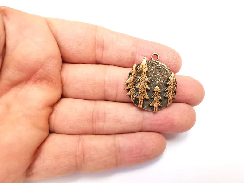 Pine Tree Round Charms Forest Landscape Pendant Antique Copper Plated Charms (31x28mm) G29100