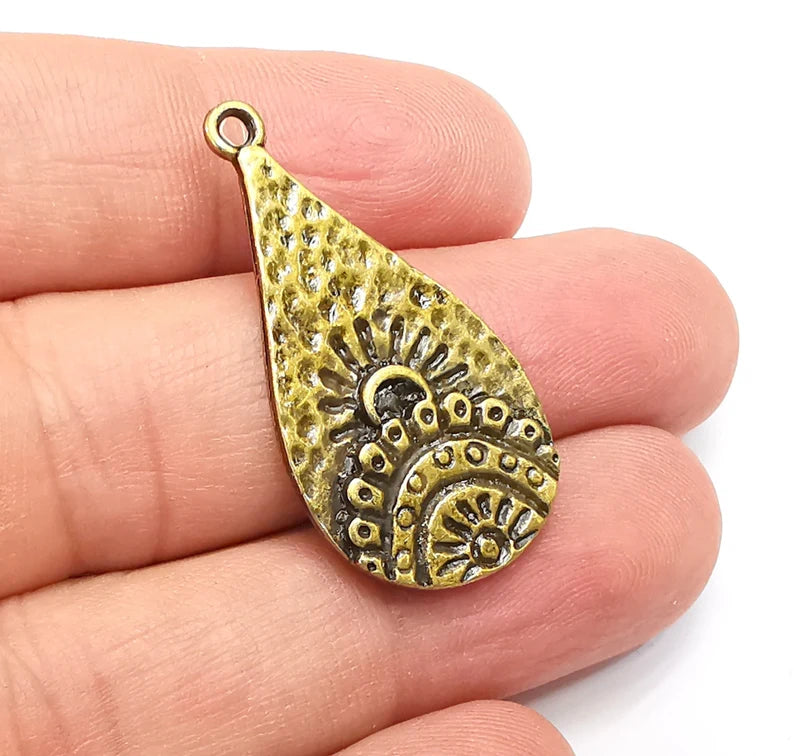 Drop Sun Hammered Dangle Charms, Antique Bronze Plated Charms (37x19mm) G29103