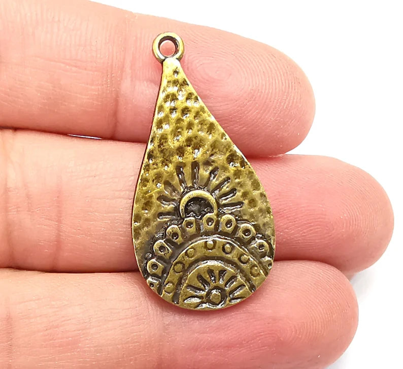 Drop Sun Hammered Dangle Charms, Antique Bronze Plated Charms (37x19mm) G29103