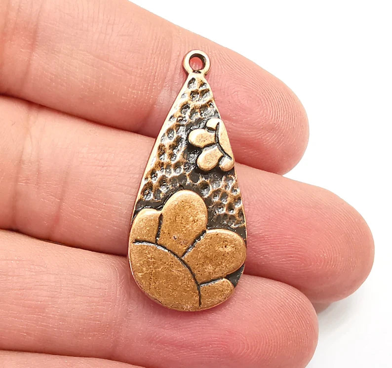Drop Flower Dangle Charms, Antique Copper Plated Charms (38x17mm) G29105