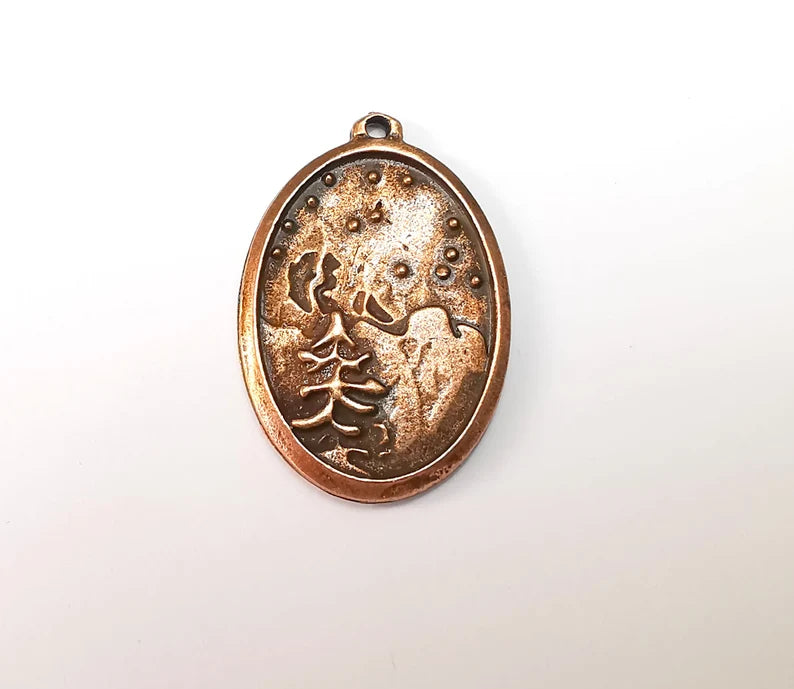 2 Winter Mountain Landscape Pine Tree Oval Pendant Charms Antique Copper Plated Charms (38x35mm) G29106