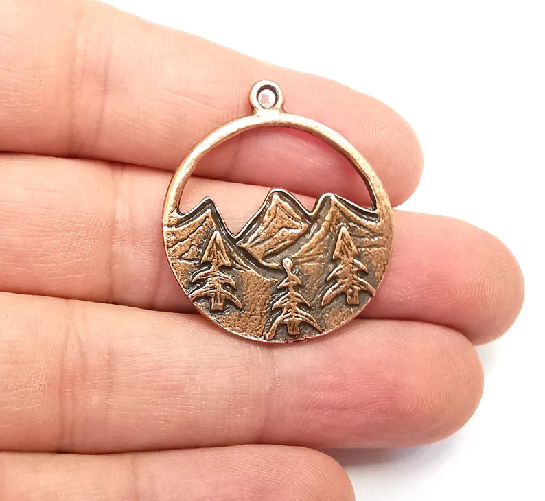 Mountain Landscape Pine Tree Crescent Moon Round Charms Pendant Antique Copper Plated Charms (34x29mm) G29110