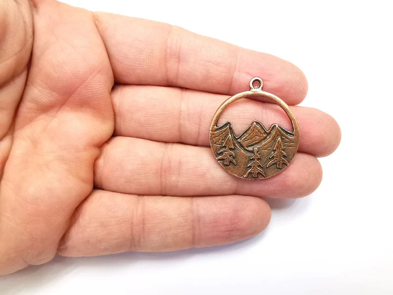 Mountain Landscape Pine Tree Crescent Moon Round Charms Pendant Antique Copper Plated Charms (34x29mm) G29110