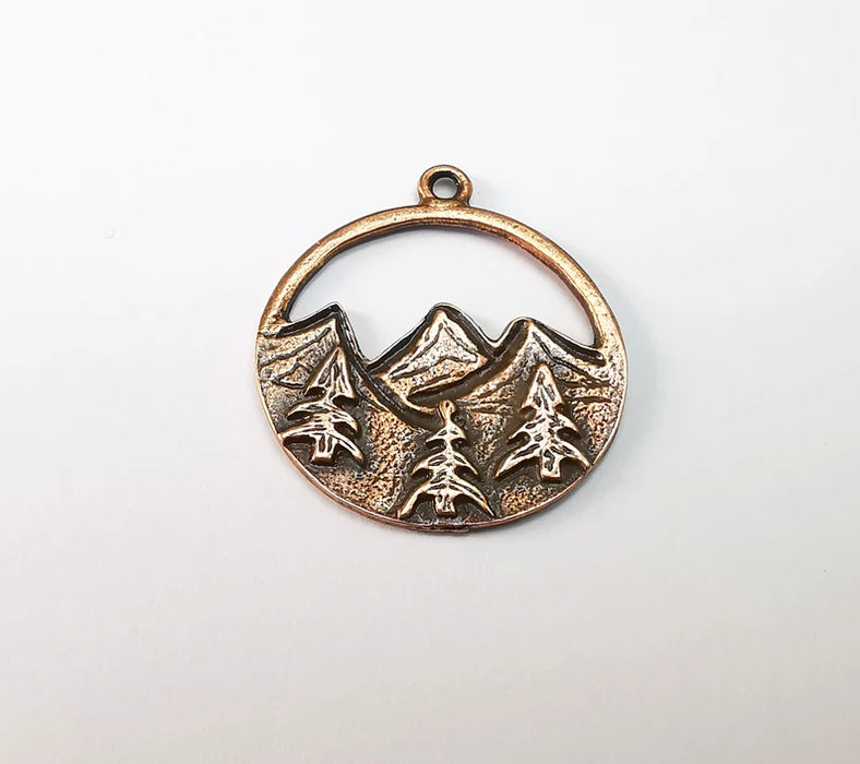 Mountain Landscape Pine Tree Crescent Moon Round Charms Pendant Antique Copper Plated Charms (34x29mm) G29110