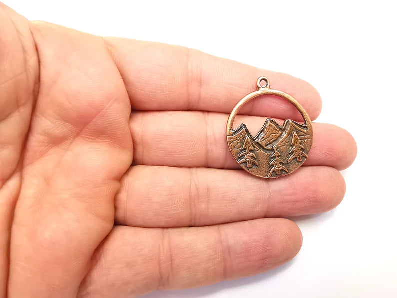 Mountain Landscape Pine Tree Crescent Moon Round Charms Pendant Antique Copper Plated Charms (34x29mm) G29110