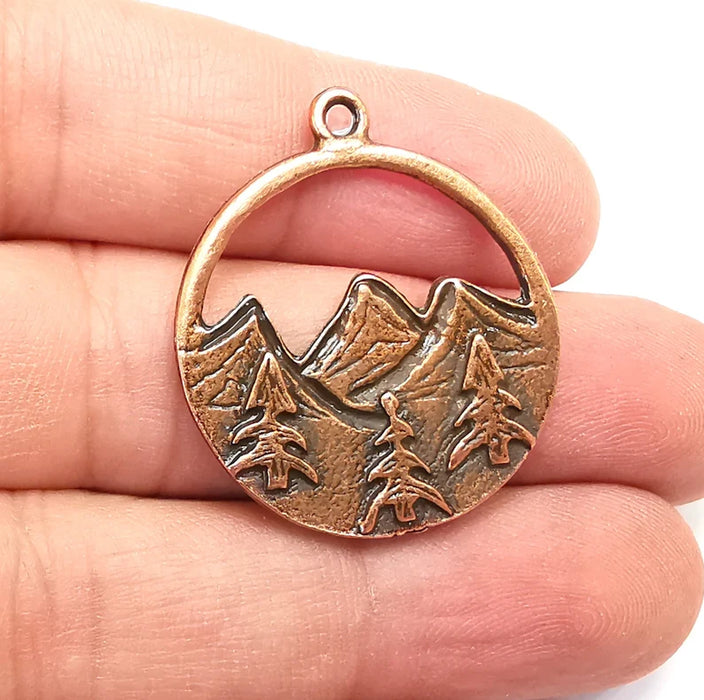 Mountain Landscape Pine Tree Crescent Moon Round Charms Pendant Antique Copper Plated Charms (34x29mm) G29110