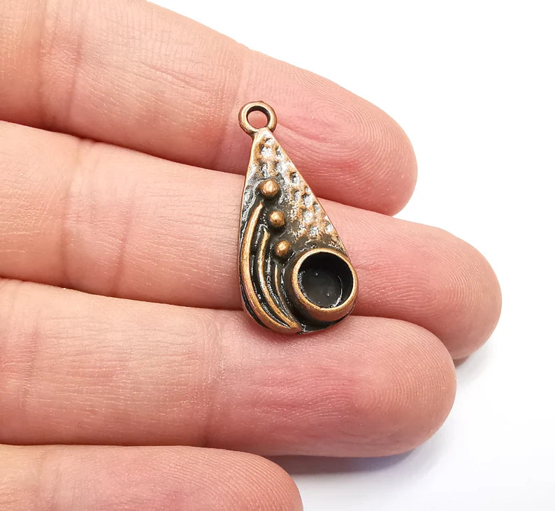 2 Drop with Buds Pendant Bezel, Resin Blank, inlay Mounting, Mosaic Frame Cabochon Base Dry Flower Setting, Antique Copper Plated (6mm) G29112