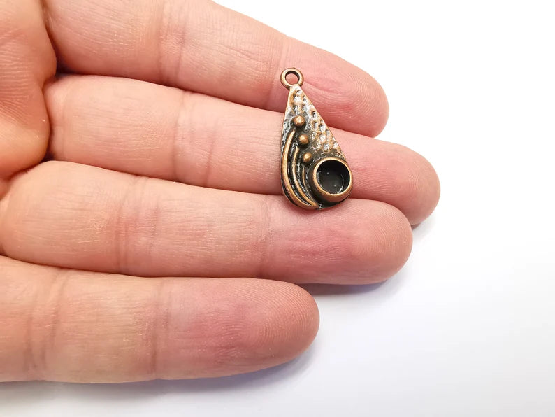 2 Drop with Buds Pendant Bezel, Resin Blank, inlay Mounting, Mosaic Frame Cabochon Base Dry Flower Setting, Antique Copper Plated (6mm) G29112