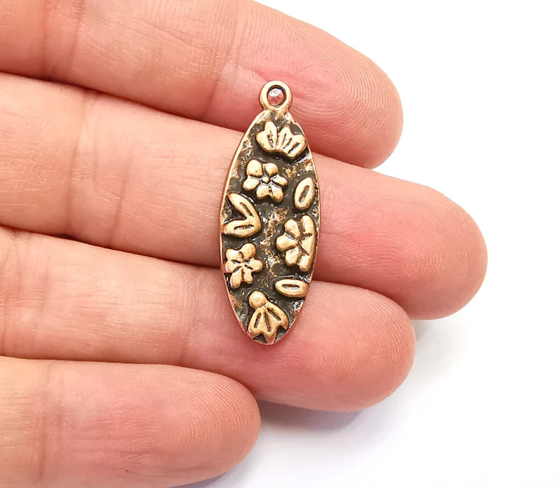Flower Charms, Leaf Oval Dangle Charms, Antique Copper Plated (34x13mm) G29115