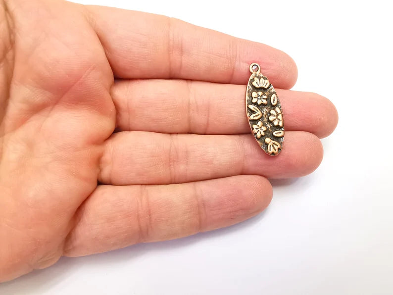 Flower Charms, Leaf Oval Dangle Charms, Antique Copper Plated (34x13mm) G29115