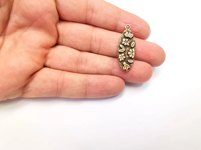 Flower Charms, Leaf Oval Dangle Charms, Antique Copper Plated (34x13mm) G29115