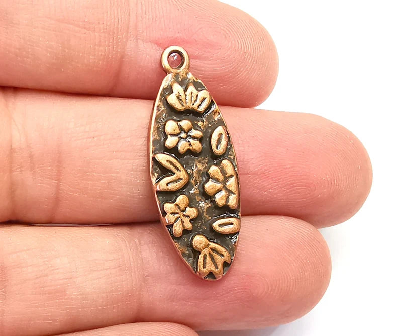 Flower Charms, Leaf Oval Dangle Charms, Antique Copper Plated (34x13mm) G29115