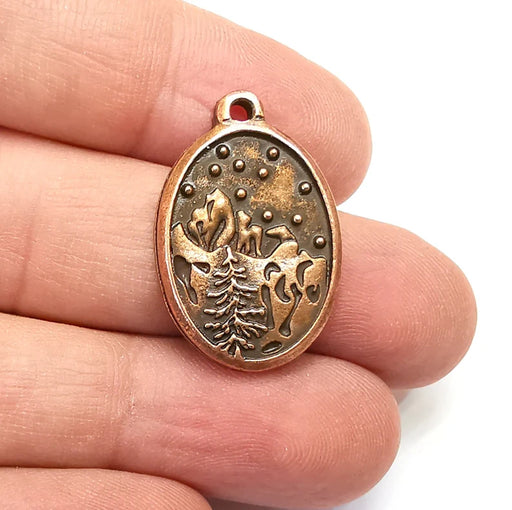 Winter Mountain Landscape Pine Tree Oval Pendant Charms Antique Copper Plated Charms (29x19mm) G29117