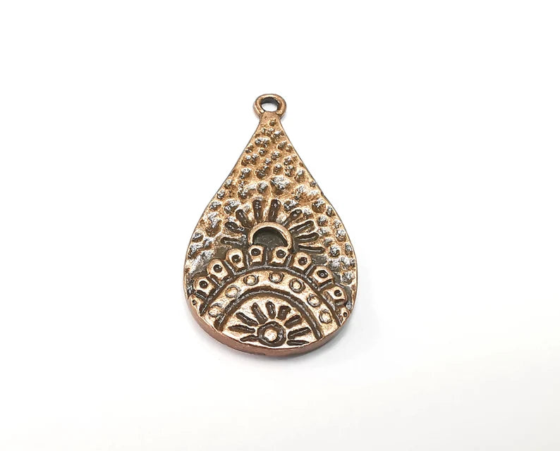 Drop Sun Hammered Dangle Charms, Antique Copper Plated Charms (37x19mm) G29124