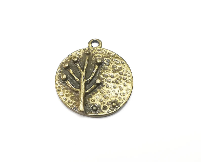 Tree Charms, Hammered Round Disc Pendant, Antique Bronze Plated Charms (26x22mm) G29126