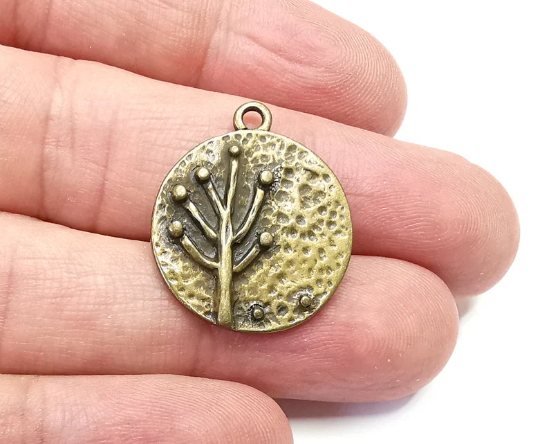 Tree Charms, Hammered Round Disc Pendant, Antique Bronze Plated Charms (26x22mm) G29126