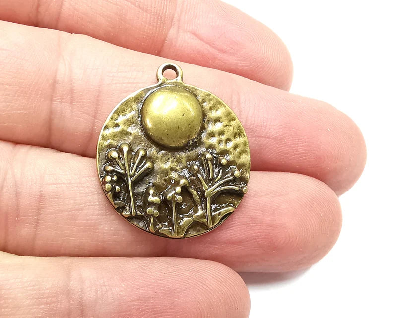 Tree Charms, Full Moon Hammered Round Disc Pendant, Antique Bronze Plated Charms (28x24mm) G29129