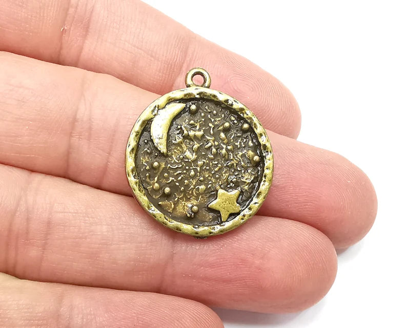 Crescent Star Charms, Moon Pendant Antique Bronze Plated (29x25mm) G29131