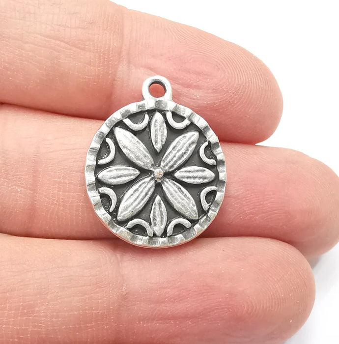 2 Flower Charms, Antique Silver Plated Mandala Charms (24x20mm) G29400