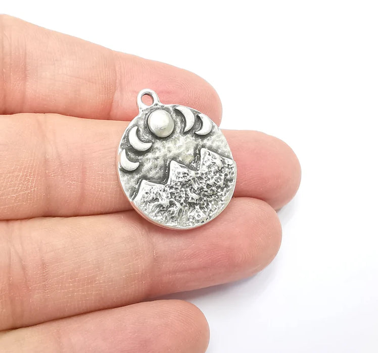 Mountain and Moon Charms The phases of the Moon Charms Pendant Antique Silver Plated Charms (28x24mm) G29402