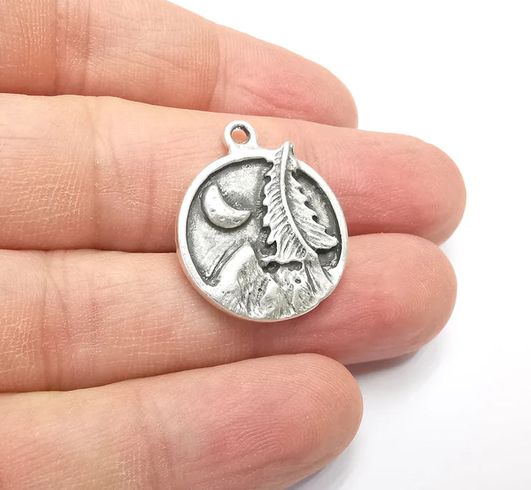 Mountain Tree and Crescent Charms Landscape Tree Moon Charms Pendant Antique Silver Plated Charms (28x24mm) G29404