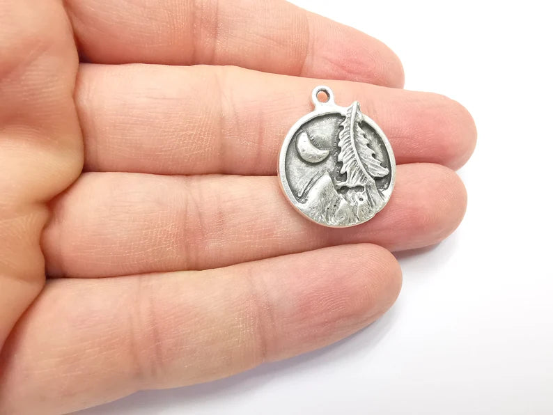 Mountain Tree and Crescent Charms Landscape Tree Moon Charms Pendant Antique Silver Plated Charms (28x24mm) G29404