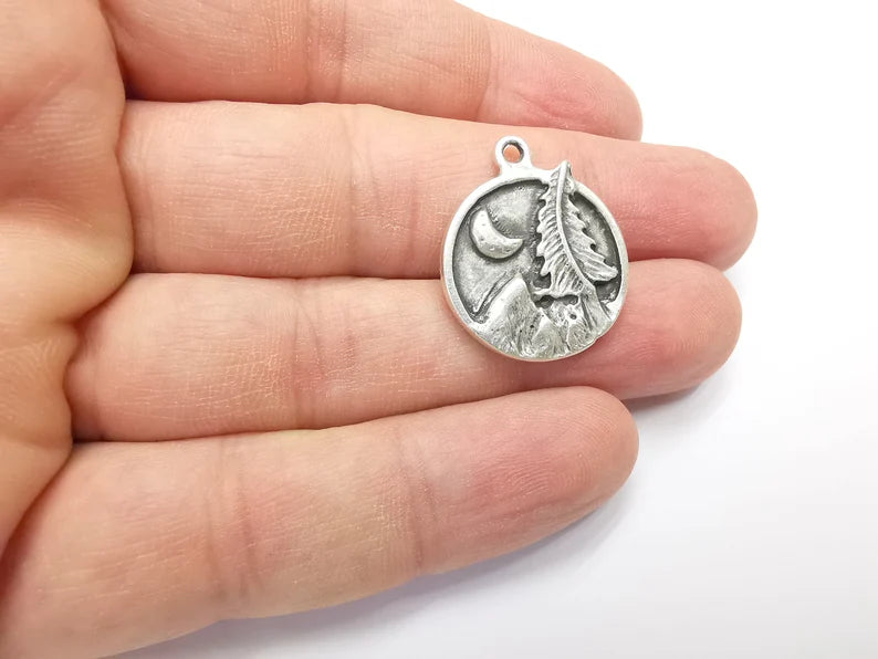 Mountain Tree and Crescent Charms Landscape Tree Moon Charms Pendant Antique Silver Plated Charms (28x24mm) G29404