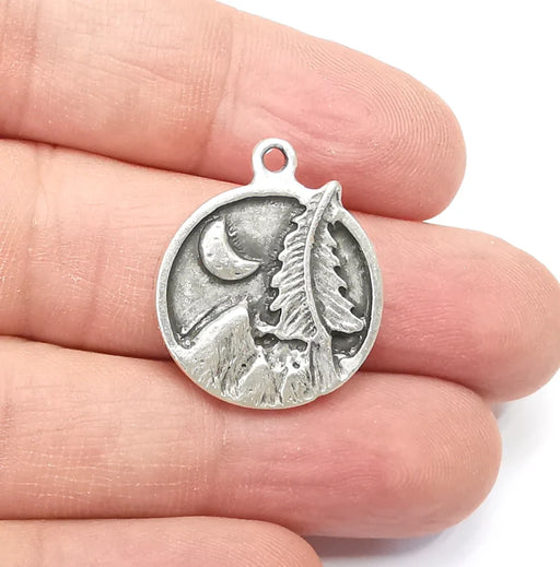 Mountain Tree and Crescent Charms Landscape Tree Moon Charms Pendant Antique Silver Plated Charms (28x24mm) G29404