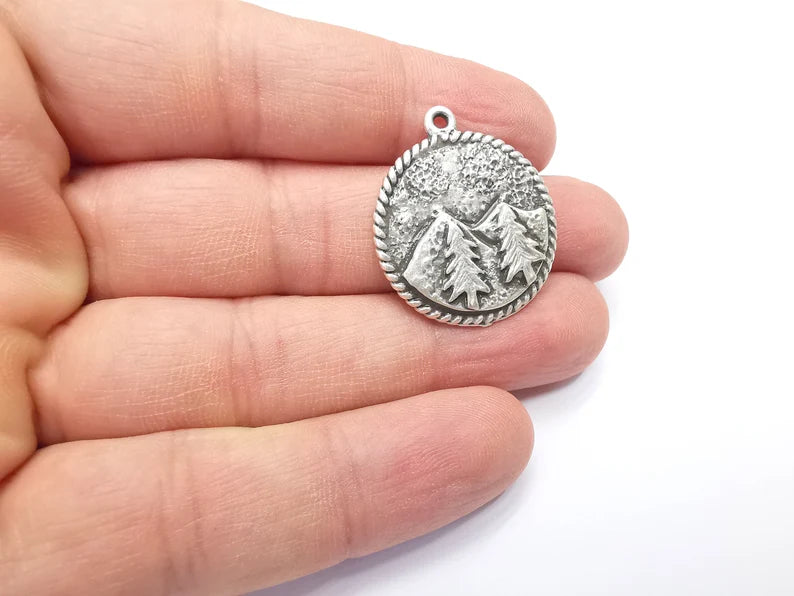 Mountain Tree Landscape Charms Pendant Antique Silver Plated Charms (30x26mm) G29405