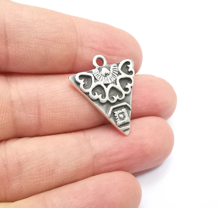 2 Unique Triangle Silver Charms, Antique Silver Plated (25x22mm) G29406