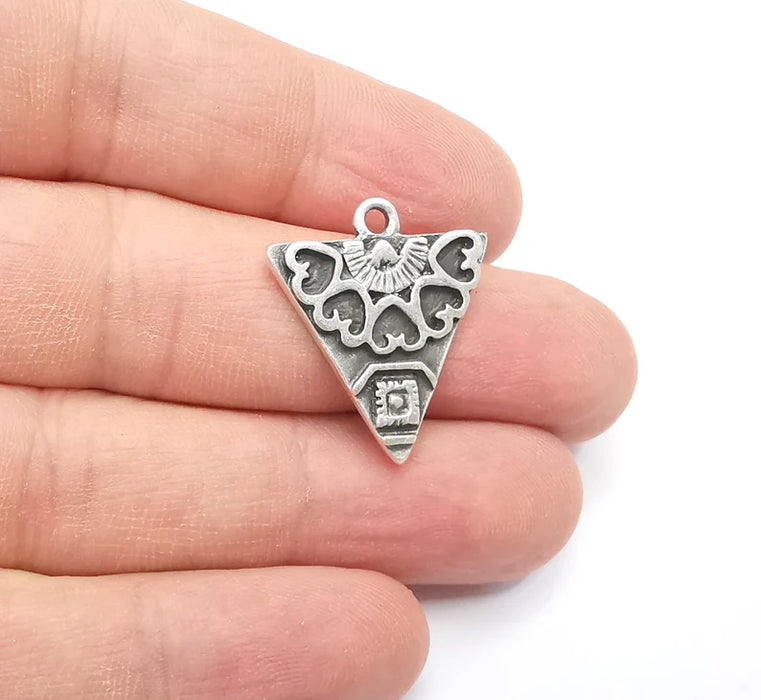 2 Unique Triangle Silver Charms, Antique Silver Plated (25x22mm) G29406