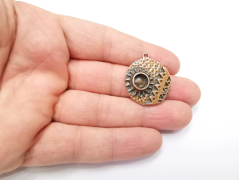Antique Copper Charms Pendant Bezel, Resin Blank, inlay Mounting, Mosaic Frame Cabochon Base, Antique Copper Plated (8mm) G29158