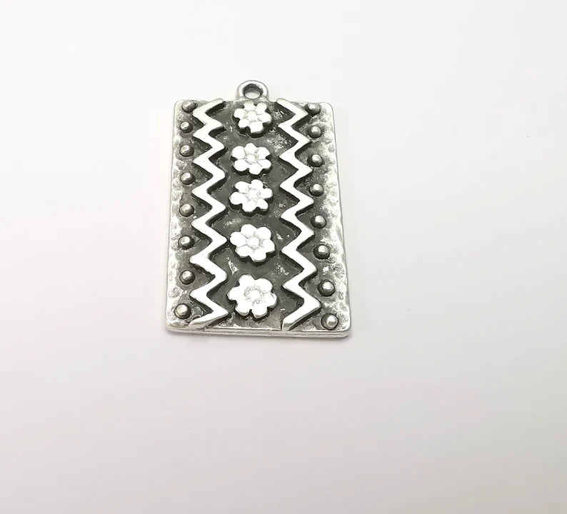 Flower Motif Charms, Antique Silver Plated (35x20mm) G29159