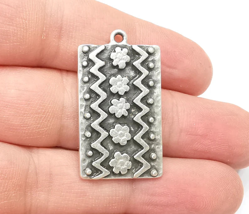 Flower Motif Charms, Antique Silver Plated (35x20mm) G29159