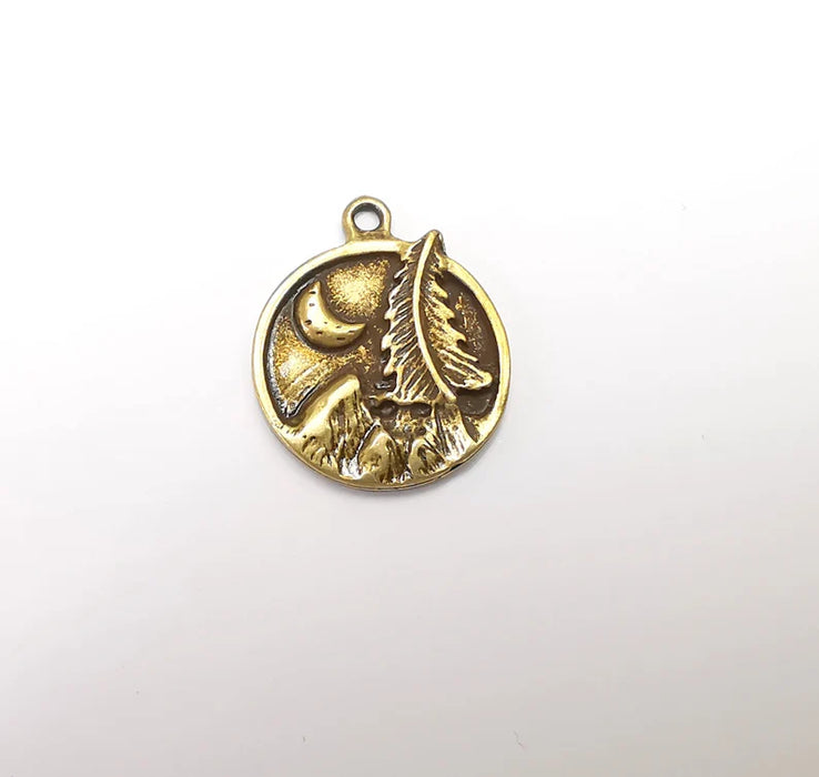 Mountain Tree and Crescent Charms Landscape Tree Moon Charms Pendant Antique Bronze Plated Charms (28x24mm) G29423