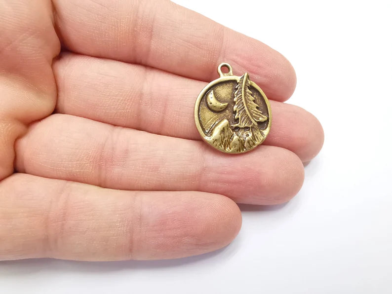 Mountain Tree and Crescent Charms Landscape Tree Moon Charms Pendant Antique Bronze Plated Charms (28x24mm) G29423