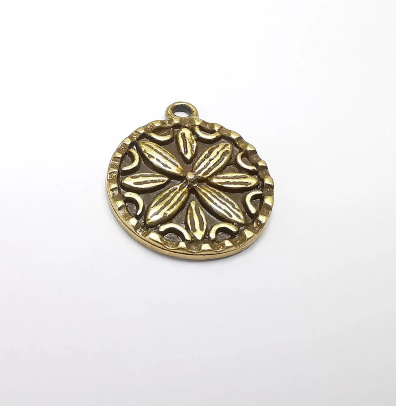 2 Flower Charms, Antique Bronze Plated Mandala Charms (24x20mm) G29424