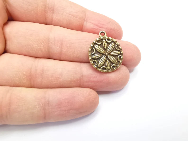 2 Flower Charms, Antique Bronze Plated Mandala Charms (24x20mm) G29424