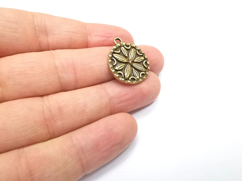 2 Flower Charms, Antique Bronze Plated Mandala Charms (24x20mm) G29424