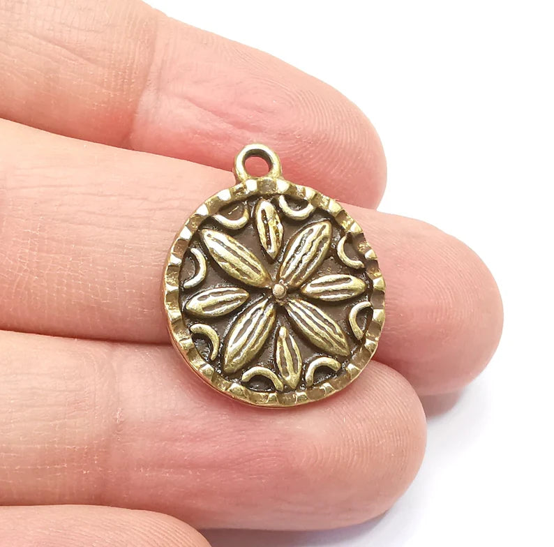 2 Flower Charms, Antique Bronze Plated Mandala Charms (24x20mm) G29424