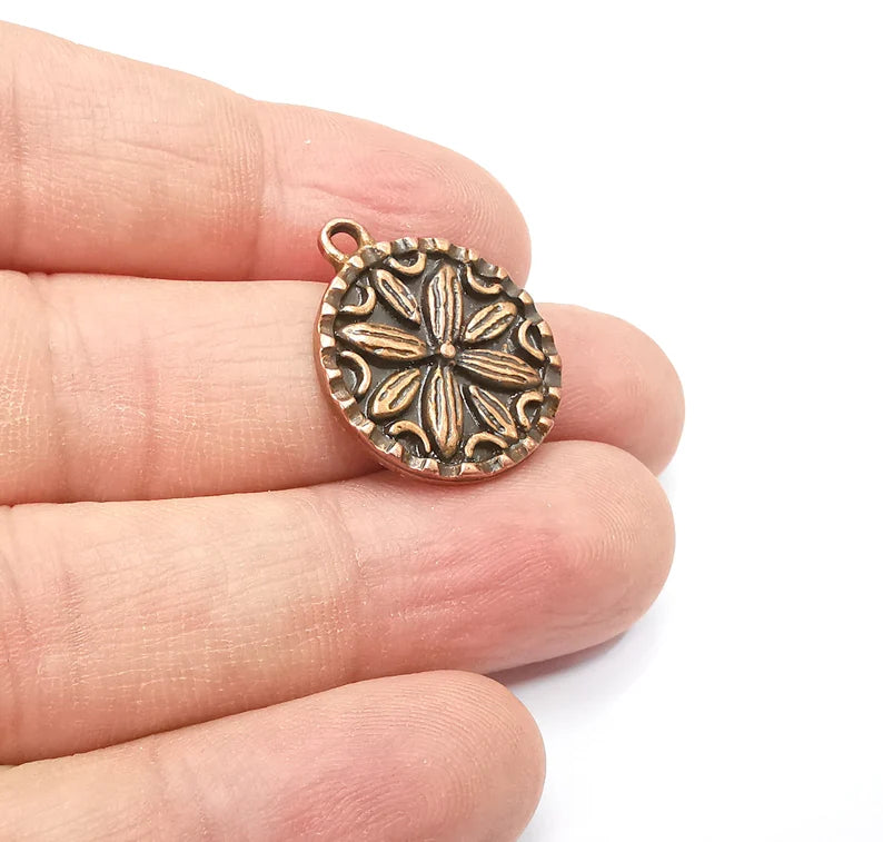 2 Flower Charms, Antique Copper Plated Mandala Charms (24x20mm) G29426