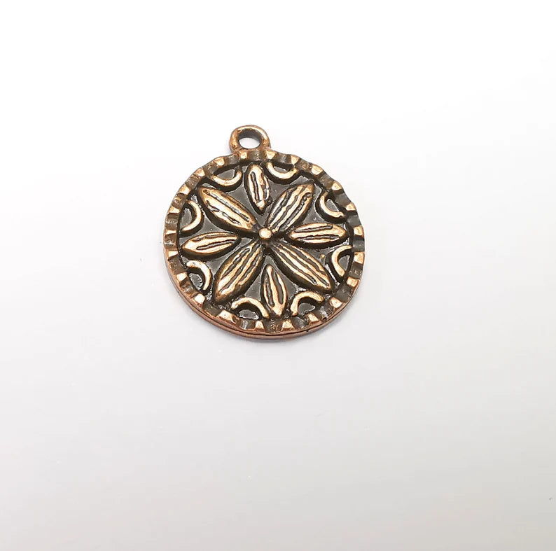 2 Flower Charms, Antique Copper Plated Mandala Charms (24x20mm) G29426