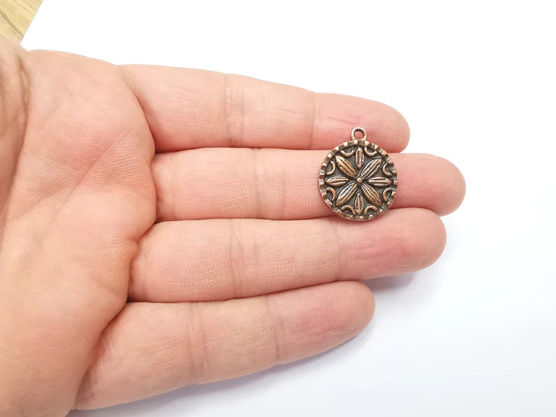 2 Flower Charms, Antique Copper Plated Mandala Charms (24x20mm) G29426