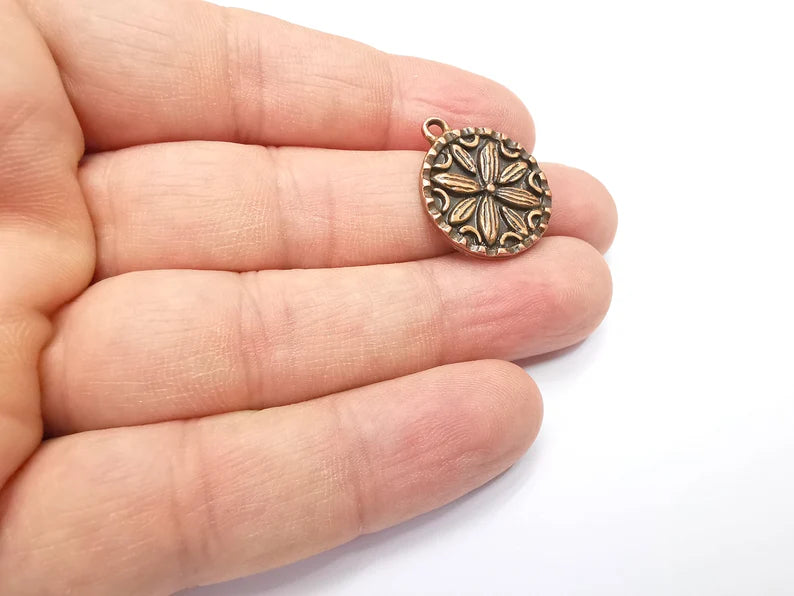 2 Flower Charms, Antique Copper Plated Mandala Charms (24x20mm) G29426