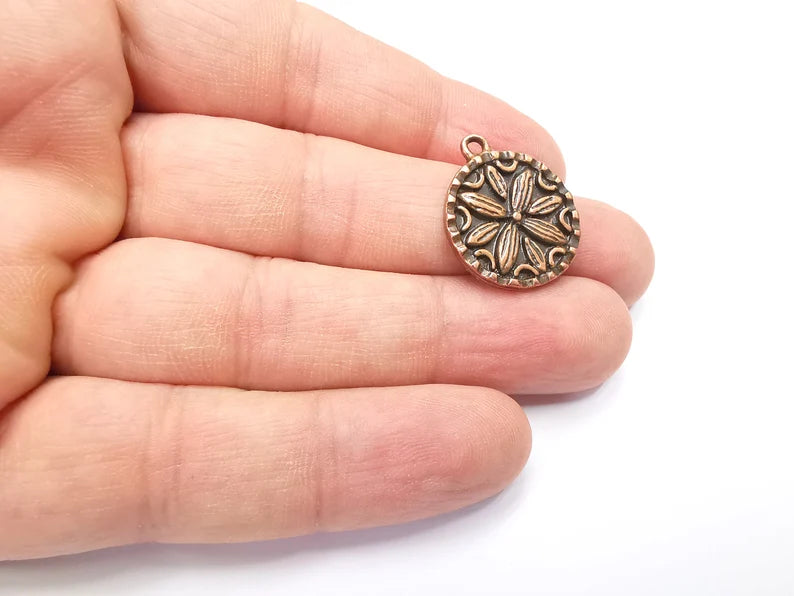 2 Flower Charms, Antique Copper Plated Mandala Charms (24x20mm) G29426