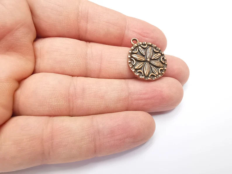2 Flower Charms, Antique Copper Plated Mandala Charms (24x20mm) G29426