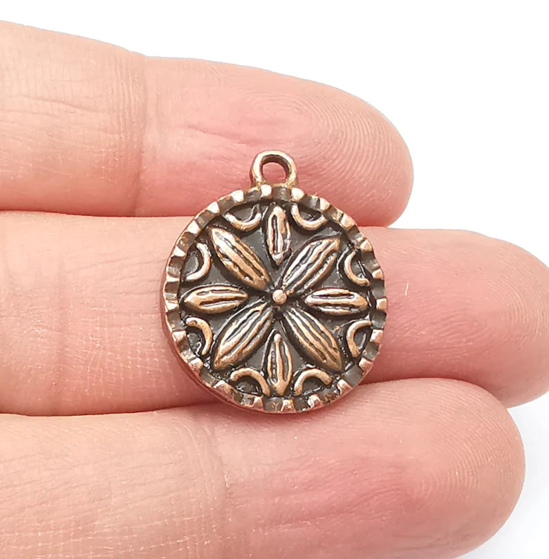 2 Flower Charms, Antique Copper Plated Mandala Charms (24x20mm) G29426