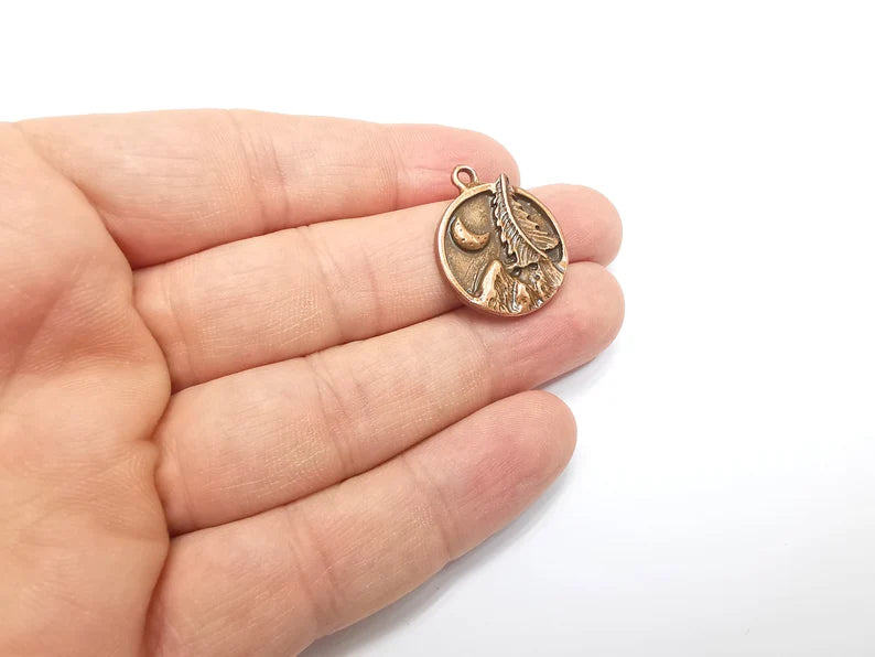 Mountain Tree and Crescent Charms Landscape Tree Moon Charms Pendant Antique Copper Plated Charms (28x24mm) G29431